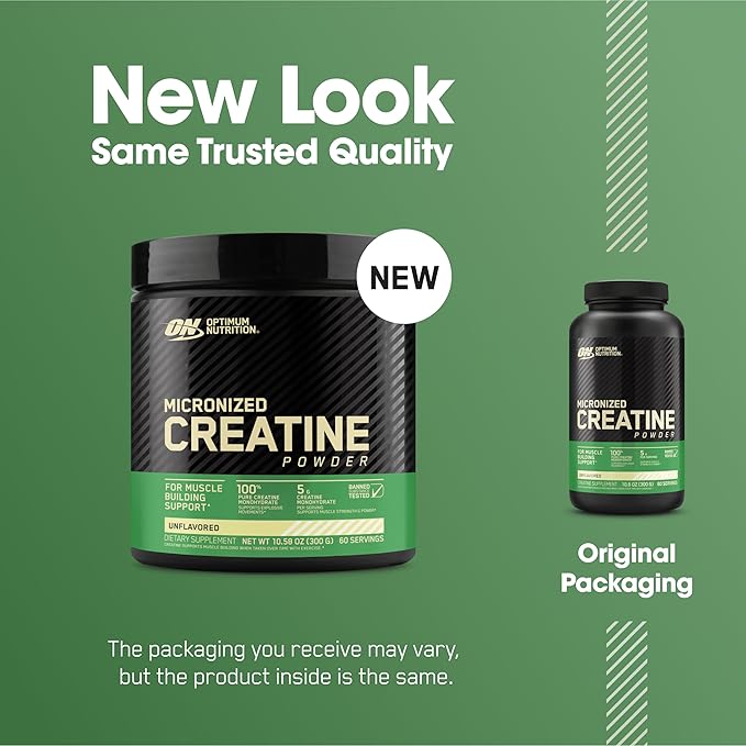 Optimum Nutrition Micronized Creatine Monohydrate Powder, Unflavored, Keto Friendly, 60 Servings (Packaging May Vary)