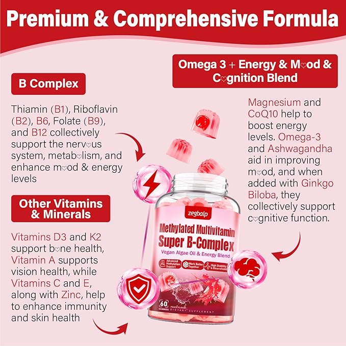 Methylated Multivitamin with B Complex for Women - Daily Vitamin B1, B2, B6, B12, Folate, C & Magnesium with Omega 3 - Supports for Energy Immune - Gluten-Free & Sugar-Free