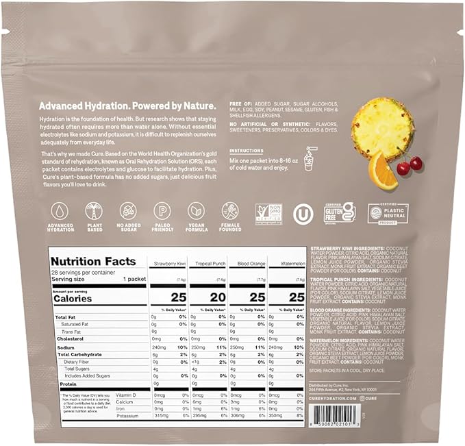 Cure Hydration | Plant-Based Electrolyte Drink Mix | No Added Sugar | FSA & HSA | Dehydration Relief Powder Made with Coconut Water | Non-GMO | Vegan | 28 Packets - Tropical Variety Pack