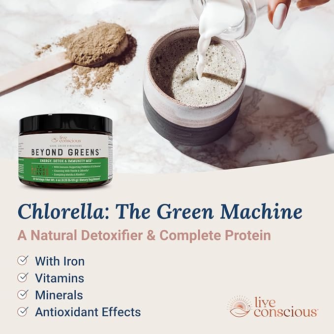 Live Conscious Beyond Greens Superfood Powder - Delicious Debloating Super Greens Powder - Matcha Greens Blend w/Chlorella, Echinacea, Probiotics for Immune Support & Energy