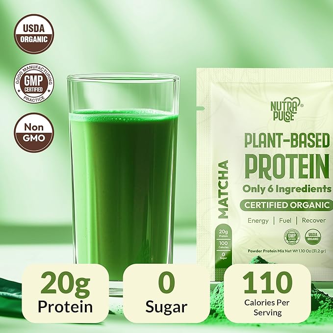 Organic Vegan Protein Powder Sample Pack – Matcha Flavor – 31g Plant-Based Protein Per Serving – Gluten-Free, Non-GMO, Dairy-Free – Ideal for Smoothies & Shakes – 24 Count