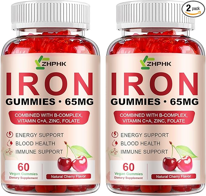Iron Gummies Supplement for Women, Men & Kids, Iron 65mg with 250mg Vitamin C B6 B12 Folate Healthy Blood, Energy & Immune Support Gentle on Stomach Ferrous Fumarate, 120 Count