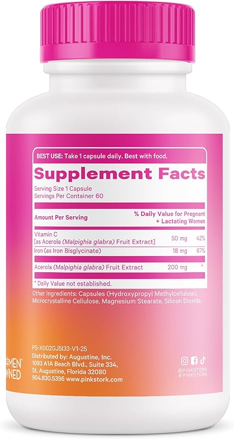 Pink Stork Prenatal Iron Supplement for Women - 18 mg Non-Constipating Iron & Vitamin C for Pregnancy, Postpartum, & Breastfeeding - Focus, Fatigue, & Blood Cell Production - 2 Month Supply