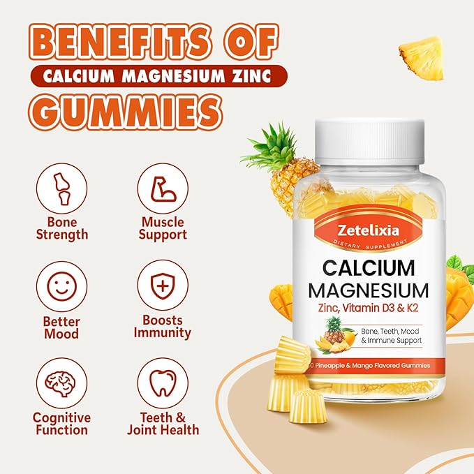 Calcium Gummies for Women Men, Calcium Magnesium Zinc with Vitamin D3 & K2, Calcium Magnesium Supplement for B0nes Muscles, Pineapple & Mango Flavor - 120 Count