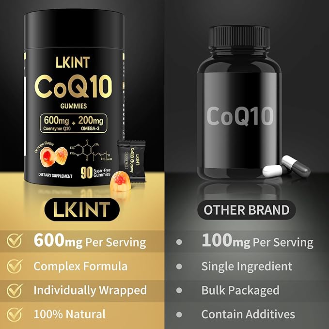 CoQ10 Gummies, Co Q 10 Supplement Sugar Free, Cq10 600mg with Omega 3 & Vitamin E, High Absorption Coenzyme Q10 Gummies for Heart Heathy, Energy & Antioxidant Support, Orange Flavor, 90 Count