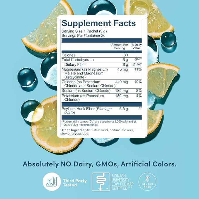 Fiber Rescue Lemonade 20 Count Travel Packs (6g Per Packet) - Psyllium Husk Powder for Digestive Health & Bloating Relief, Gluten Free, Sugar Free Prebiotic Fiber Powder, Non-GMO Fibre Supplement