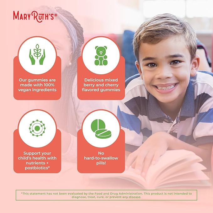 MaryRuth Organics Kids Vitamins | USDA Organic | Multivitamin Gummies + Postbiotics for Ages 4+ | Lactobacillus Rhamnosus | Vegan | Non-GMO | 60 Count