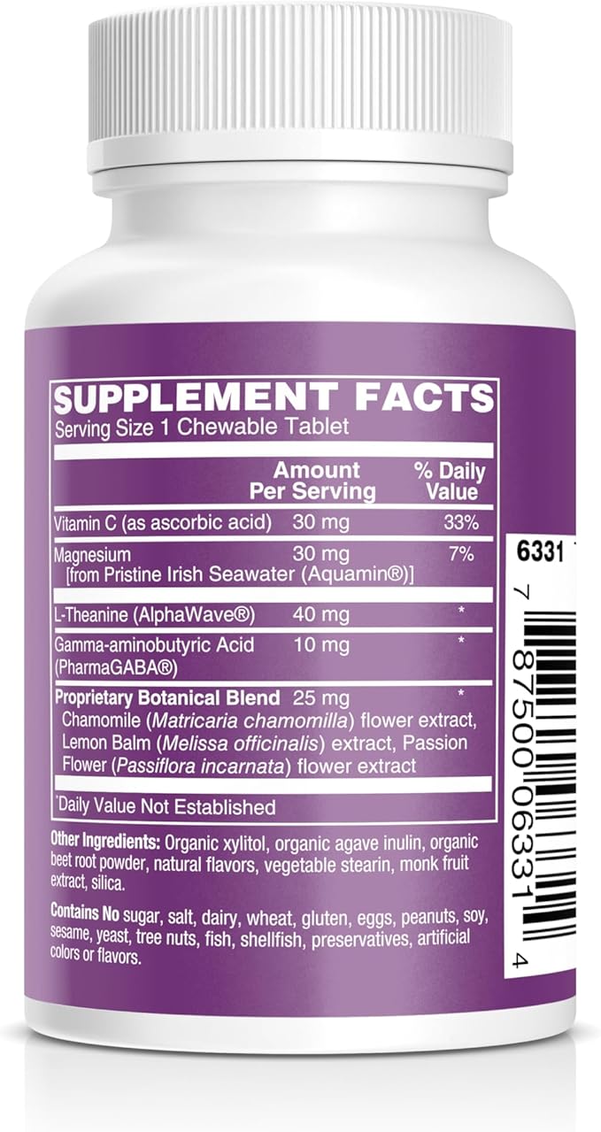 Kids Magnesium Chewables - Daily Supplement, Sugar-Free & Melatonin-Free, Supports a Healthy Stress Response & Focus, Fast-Absorbing Magnesium with L-Theanine, Mixed Fruit Flavor, 30 Count