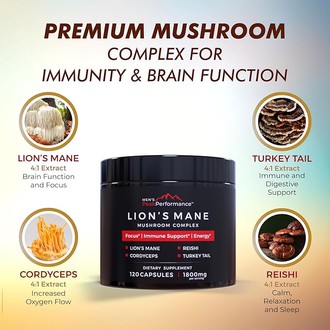 MEN'S PeakPerformance Lion's Mane Mushroom Supplement Capsules with Reishi, Cordyceps, Turkey Tail – Brain Nootropic for Memory, Focus, Natural Energy, & Immune Support Supplement (120 Capsules)