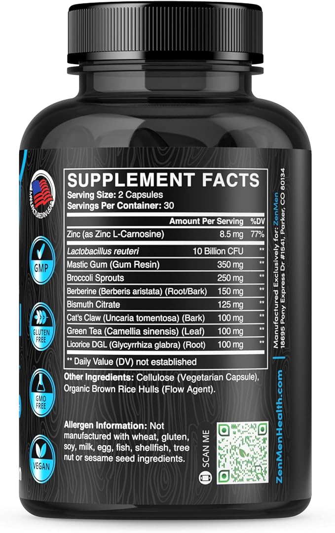H. Pylori Support | Lactobacillus Reuteri Probiotic with Mastic Gum for Digestion & GI Health - Third Party Tested, 60 Vegan Capsules, Made in The USA