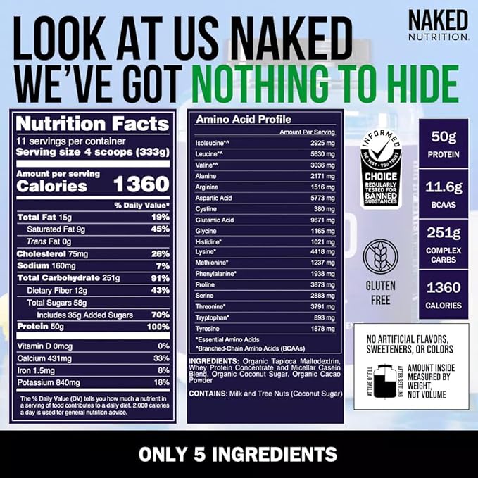 NAKED Chocolate Mass Gainer - All Natural Weight Gainer Protein Powder - 8lb Bulk, GMO Free, Gluten Free & Soy Free. No Artificial Ingredients - 1,360 Calories