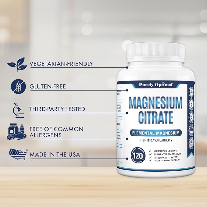 Purely Optimal Magnesium Citrate 500mg - Citrato de Magnesio, Supplement for Sleep, Heart, Nerves, Muscles - Gluten-Free, Non-GMO, 120 Capsules