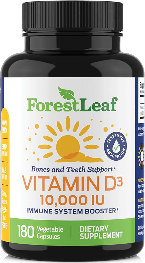 ForestLeaf Vitamin D3 10,000 IU | VIT D - VIT D3 Vitamin D Supplements for Women and Men | Bone Health, Teeth and Immune Support | Easy to Swallow Pills | High Potency Daily, 6-Month Supply, 180 Caps