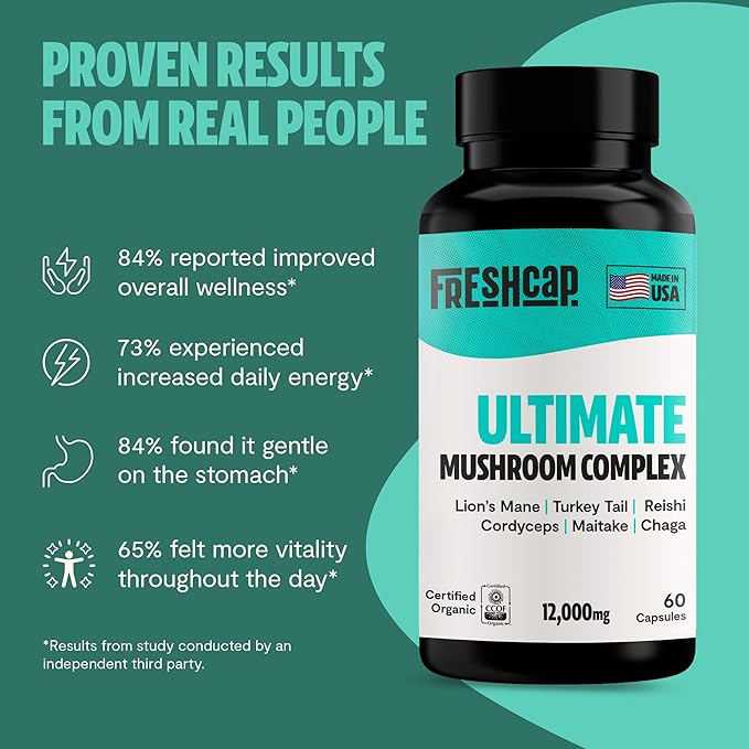 FreshCap Ultimate Mushroom Supplement 12,000mg - Mushroom Complex Capsules, Organic Mushrooms Supplement, Nootropic Brain Supplements for Memory and Focus Ayurveda (60 Capsules)