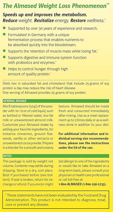 Almased Meal Replacement Shake - Low-Glycemic High Plant Base Protein Powder- Nutritional Weight Health Support Supplement - Original Flavor - 17.6 oz