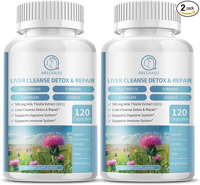 Milk Thistle Supplement Capsules, Liver Health Formula, with Dandelion Root, 10:1 Extract, for Liver Detox Cleanse Support, Digestive & Immune System (120 Count (Pack of 2))