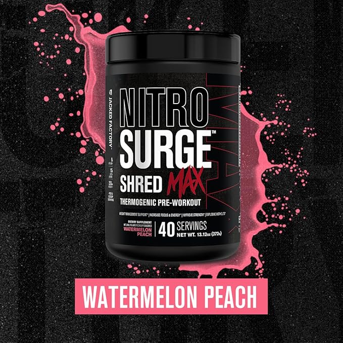 Jacked Factory Nitrosurge Shred Max Preworkout - High-Performance Thermogenic Pre Workout Powder for Men and Women - L Citrulline, Acetyl L Carnitine, Organic Caffeine - 40 Servings, Watermelon Peach