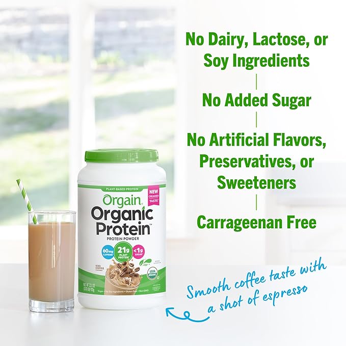 Orgain Organic Vegan Protein Powder, Iced Coffee - 21g Plant Protein, 60mg of Caffeine, Low Net Carb, No Lactose Ingredients, No Added Sugar, Non-GMO, For Shakes & Smoothies, 2.03 lb