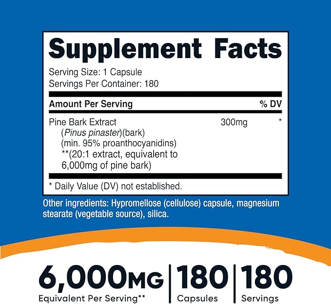 Nutricost Pine Bark Extract 6000mg Equivalent, 180 Capsules, 300mg Standardized to Contain 95% Proanthocyanidins - Vegetarian, Non-GMO and Gluten Free