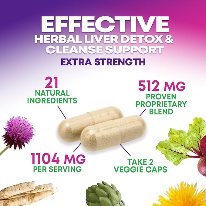 Gentle Liver Cleanse Detox & Repair Formula - Herbal Liver Support Supplement: Milk Thistle with Silymarin, Artichoke Extract, Dandelion, Beet, Chicory Root, & Turmeric for Liver Health - 180 Capsules