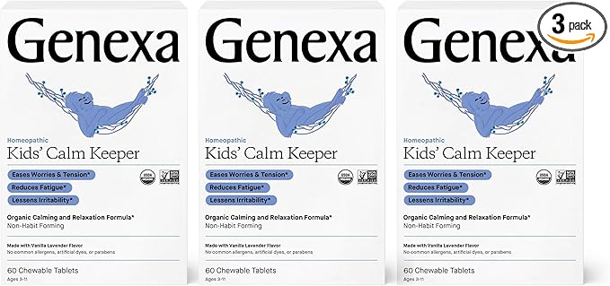 Genexa Kid's Calm Keeper Stress Relief for Kids | Reduces Fatigue & Eases Tension | Soothing Natural Vanilla & Lavender Flavor | Certified Vegan, Gluten Free, & Non-GMO | 180 Chewable Tablets (3 Pack)