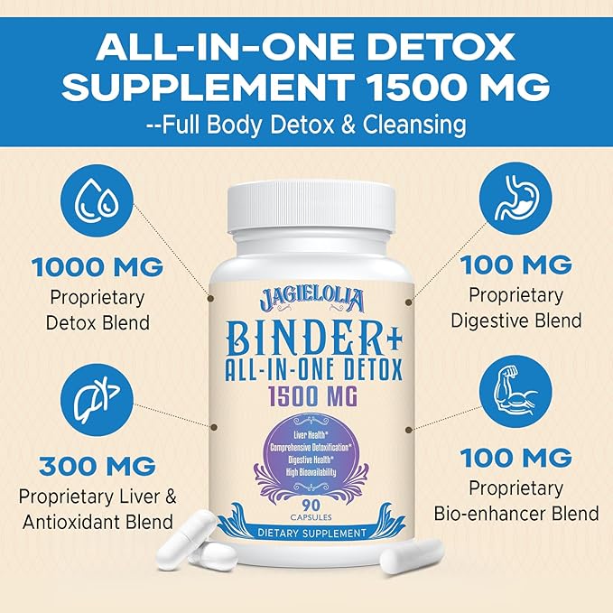All-In-One Detox Binder Supplement 1500 MG - High Bioavailability, Liver Gut Detox Cleanse with Activated Charcoal, Zeolite & Bentonite Clay for Toxins, Liver, Digestive, 270 Vegan Capsules