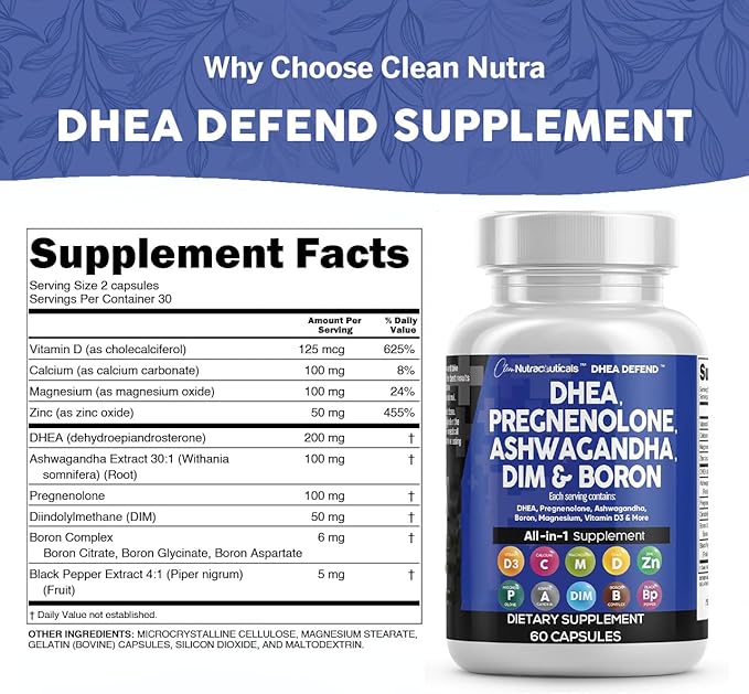 DHEA 200mg Supplement Pregnenolone 100mg for Men & Women with DIM Ashwagandha Boron 6mg Complex Calcium Magnesium Zinc 50mg Vitamin D3 5000 iu Hormone Support Capsules Pills - Made in USA 60 Ct