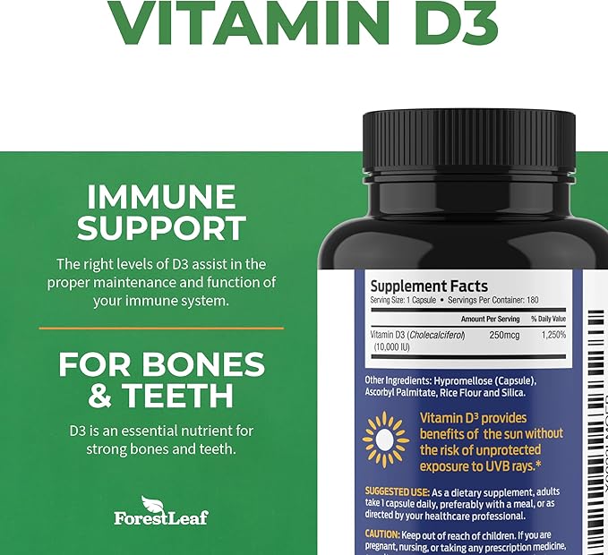 ForestLeaf Vitamin D3 10,000 IU | VIT D - VIT D3 Vitamin D Supplements for Women and Men | Bone Health, Teeth and Immune Support | Easy to Swallow Pills | High Potency Daily, 6-Month Supply, 180 Caps
