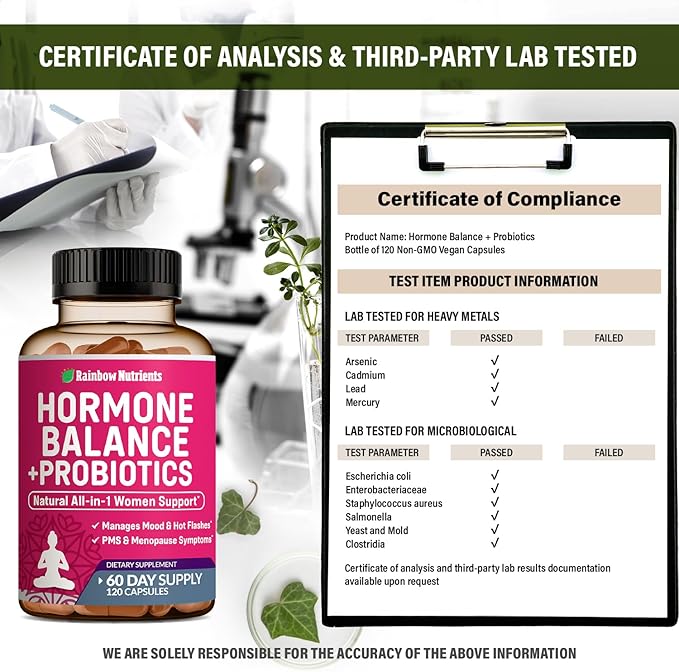 Hormone Balance + Probiotics for Women- Natural Menopause Relief, Weight Management, Bloating, Hot Flashes, PMS | Organic Maca, Chasteberry, Dong Quai & Black Cohosh | Non GMO |120 V Capsules