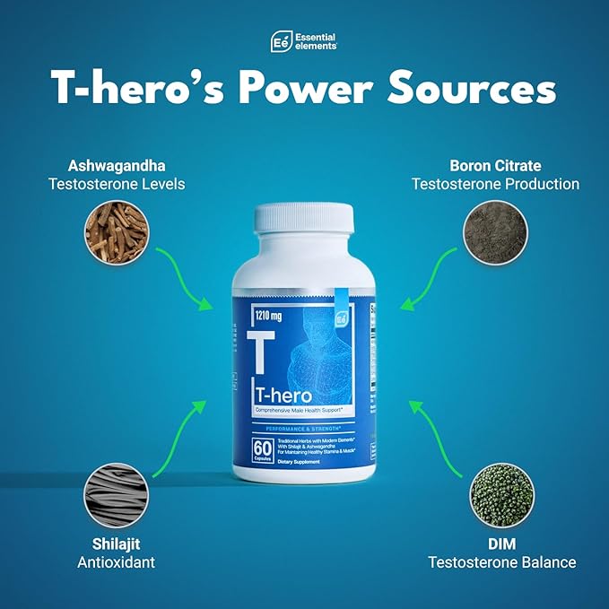 Essential Elements Male Health Supplement - Muscle Support & T-Health with DIM, Ashwagandha, Shilajit, More | T-Hero 60 Vegan Capsules