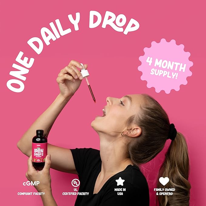Iron Supplement for Women Iron Drops Daily Support, 20mg of Polysaccharide Iron Complex Iron Free Taste, Natural Sweeteners, Vegan and Paraben Free (Berry Daiquiri, 4 Fl Oz)