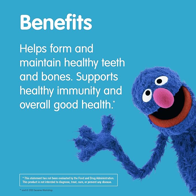 Sesame Street Vitamin D3 Gummies for Kids 2+, 600 IU of Vitamin D per Gummy, 6 Month Supply, Free of Gluten, Dairy, Peanut & Gelatin, Immune, Bone and Teeth Support, Non-GMO, 180 Vegetarian Gummies