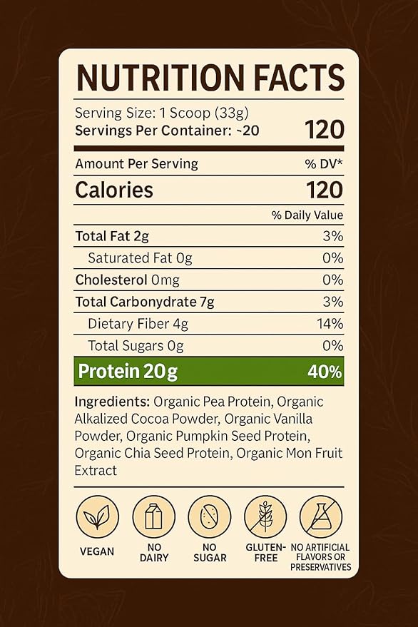 Organic Vegan Protein Powder – Chocolate Flavor – Plant-Based Protein per Serving – Gluten-Free, Non-GMO, Dairy-Free – Ideal for Shakes, Smoothies, and Baking – 1 Pack (20 Servings)