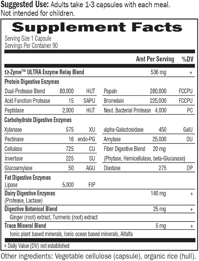 Garden of Life 21 Powerful Digestive Enzymes with Papain, Bromelain, Lipase, Ginger, Turmeric for Complete Digestion of Protein, Carbs & Fats – Omega-Zyme Ultra, Gluten-Free, Vegetarian, 90 Capsules