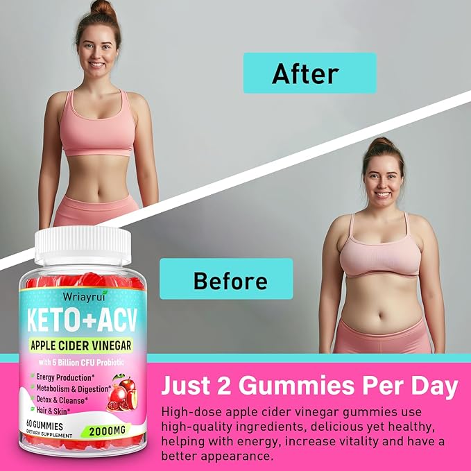 Apple Cider Vinegar Gummies, Fast Ripped Keto ACV Gummies, Max Strength 2000mg, Formulated with Green Tea, Probiotics, B6 & B12, ACV Gummies for Metabolism, Digestion, Detox & Cleanse, 240 Gummies