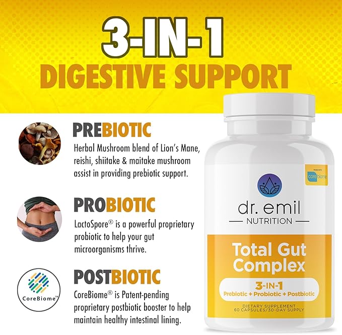 DR. EMIL NUTRITION Total Gut Health Complex - Prebiotic + Probiotic + Postbiotic Gut Health Supplements for Women and Men - Probiotics for Digestive Health & Gut Health, 60 Capsules