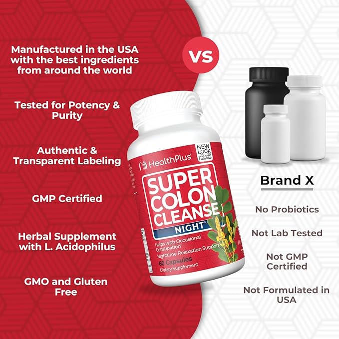 Health Plus Super Colon Cleanse Night Formula Digestive Support | Constipation Relief to Reduce Bloating with Probiotics and Valerian Root for Sleep | More than 1 Cleanse, 60 Capsules