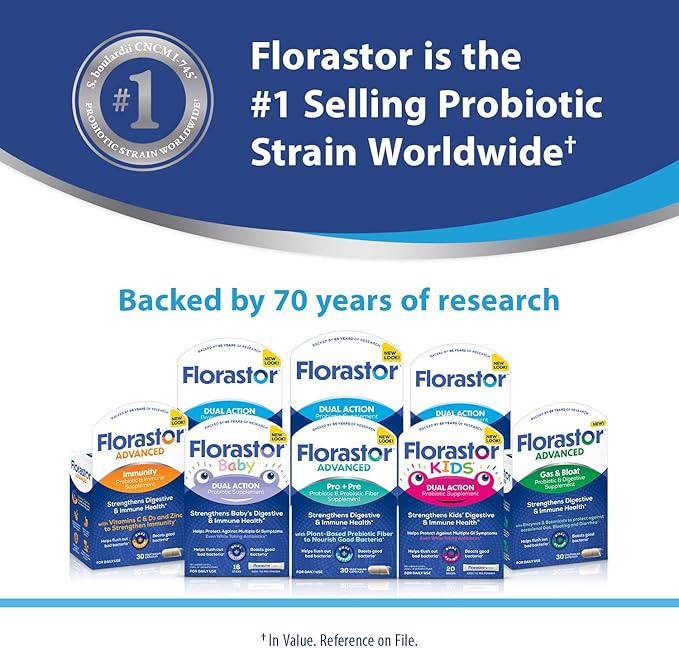 Florastor Probiotics for Digestive and Immune Health, 30 Capsules, Probiotics for Women & Men, Helps Flush Out Bad Bacteria, Boosts The Good with Our Unique Strain Saccharomyces Boulardii