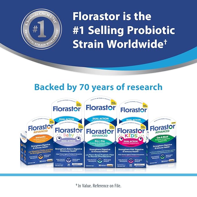 Florastor Advanced Gas and Bloat Probiotic, Digestive Enzymes and Botanicals, Plus Probiotics for Digestive Health, 30 Capsules