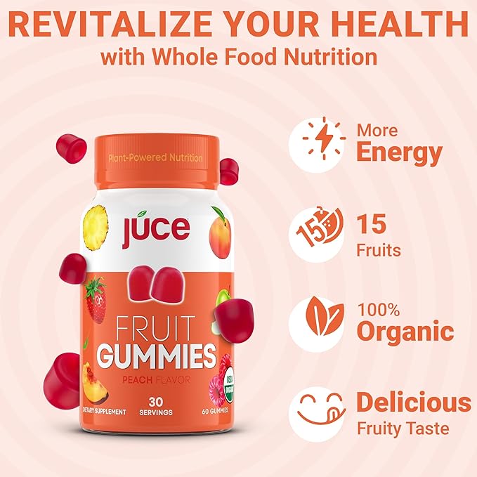 Júce Fruit Gummies with Peach Flavor - Superfood Gummies Delights for Optimal Health By Terra Kai Organics