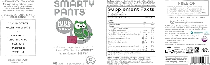 SmartyPants Kids Mineral Chews: Magnesium Citrate & Calcium Supplement with Vitamin D3, Vitamin C, K2, Zinc & Selenium for Immune Support, 60 Count (30 Day Supply)