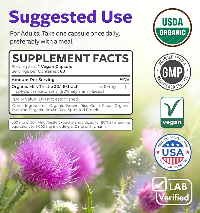 USDA Organic Milk Thistle Capsules - 80% Silymarin Supplement for Liver Support- Super Concentrated 300mg of 30:1 Milk Thistle Extract Equivalent to 9,000mg - Milk Thistle Liver Detox 60 Day Supply