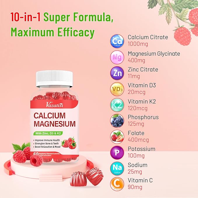 Calcium Magnesium Zinc Gummies with Vitamin D3 & K2, High Absorption Magnesium Glycinate Potassium for Immune and Calm Mood, Raspberry Flavor 120 Gummies