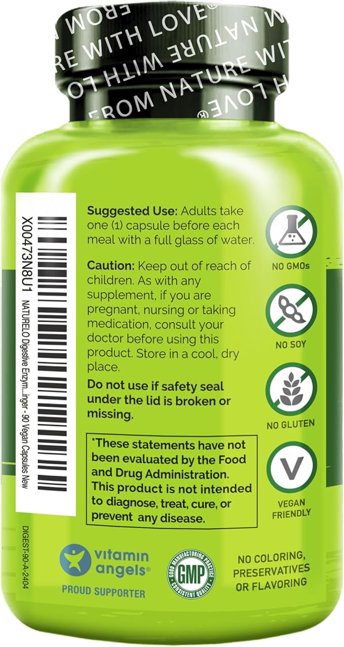 NATURELO Digestive Enzymes - Full Spectrum Support with a Broad Blend of 15 Enzymes Plus Ginger - 180 Vegan Capsules