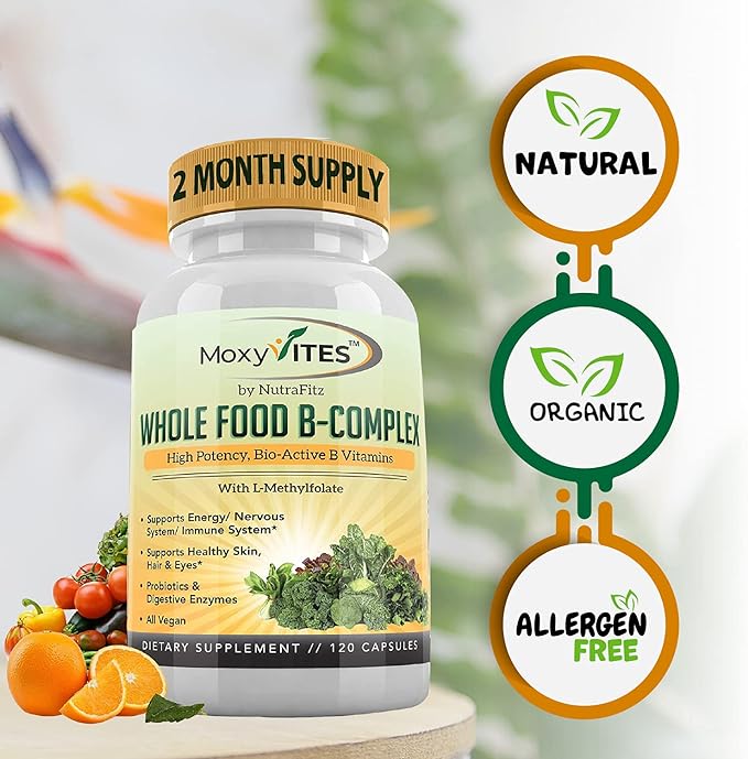 Vitamin B Complex - B Vitamins Whole Food Supplement, B12 Methylcobalamin, B1, B2, B3, B5, B6, B7, B9 - for Stress, Energy and Immune Support, Vegan, 120 Capsules
