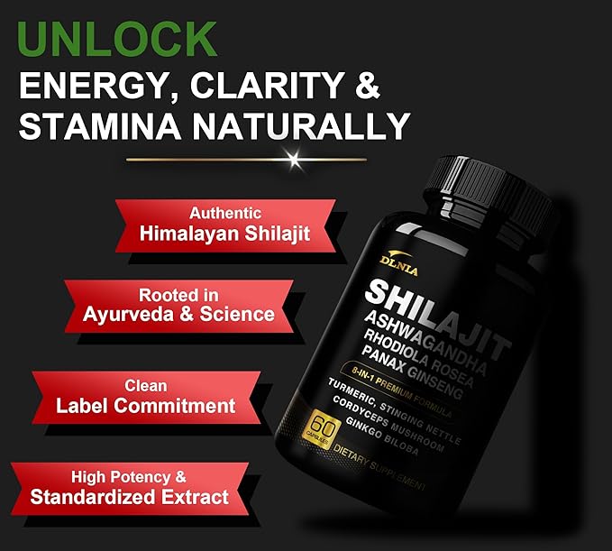 8-in-1 Shilajit for Men with Ashwaganda Himalayan Organic Supplement with Rhodiola Rosea, Ginseng, Turmeric, Mushroom Extract, for Immune Support, Energy, Calm, Focus, Clarity, Sleep, Cortisol
