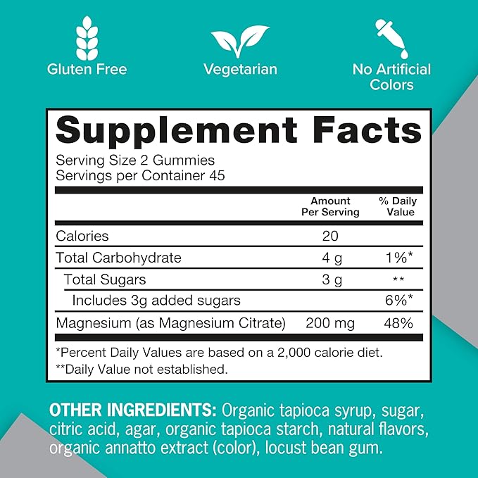 Qunol Magnesium Gummies for Adults, 200mg Elemental Magnesium (from 1,750mg Magnesium Citrate), High Absorption Magnesium Supplement, Supports Nerve, Bone and Muscle Health, Vegetarian, 90 Count
