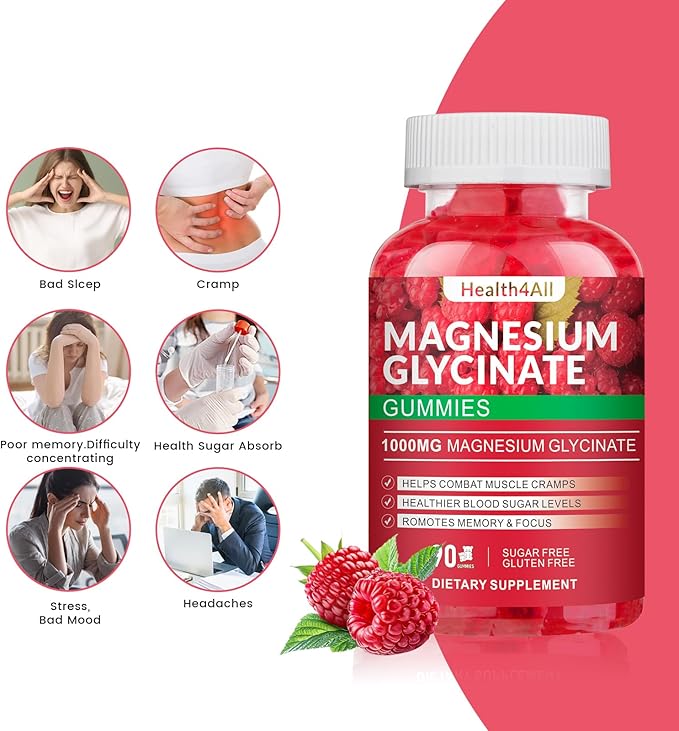 Magnesium Glycinate Gummies 1000mg, High Absorption Sugar Free Magnesium Potassium Supplement for Relaxation, Stress Relief, and Sleep Support for Adults & Kids - 90 Raspberry Gummies