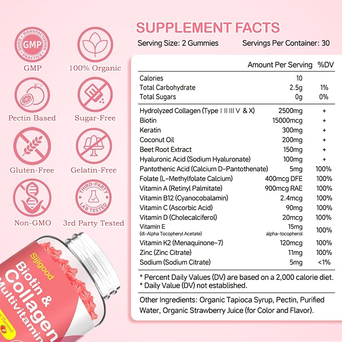 2 Pack Collagen Gummies for Women Men, Hydrolyzed Collagen Peptides Types I,II,III,V,X with Biotin & Hyaluronic Acid, Vitamins C A D E B12 K2 Support, Sugar-Free for Skin Hair Nails Immunity Energy