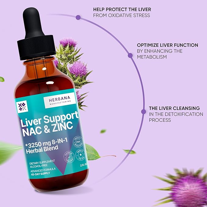 Liver Support & NAC, Zinc - 2 fl oz Liquid Drops with Milk Thistle, Dandelion Root, Chicory, Turmeric, Beet Root, Chanca Piedra - Liver Cleanse & Detox Supplement